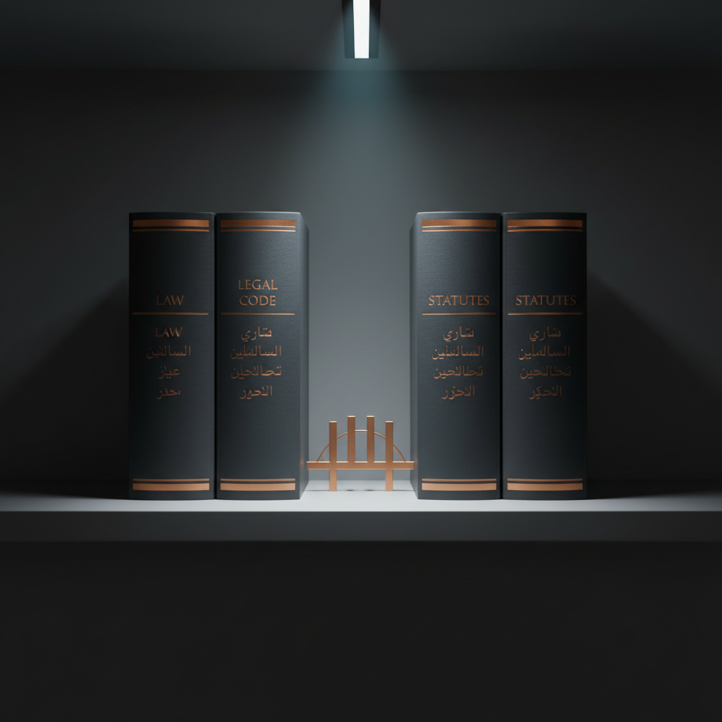 A close, photographic‑realistic view of three hardbound legal code books arranged in a precise row on a sleek graphite‑gray shelf, each spine clearly titled in English, Arabic, and Kurdish scripts in metallic copper lettering. Between the books, a minimalist metal bridge icon is inlaid into the shelf surface, symbolizing connection between legal systems. The background is a clean, modern wall in deep charcoal with a subtle gradient. A narrow beam of cool, focused overhead light illuminates the book spines, creating crisp highlights and strong, confident shadows. Captured from a slightly low angle using the rule of thirds, the composition feels bold and modern, with sharp focus throughout, conveying authority, precision, and reliability for a specialist legal translation services section.