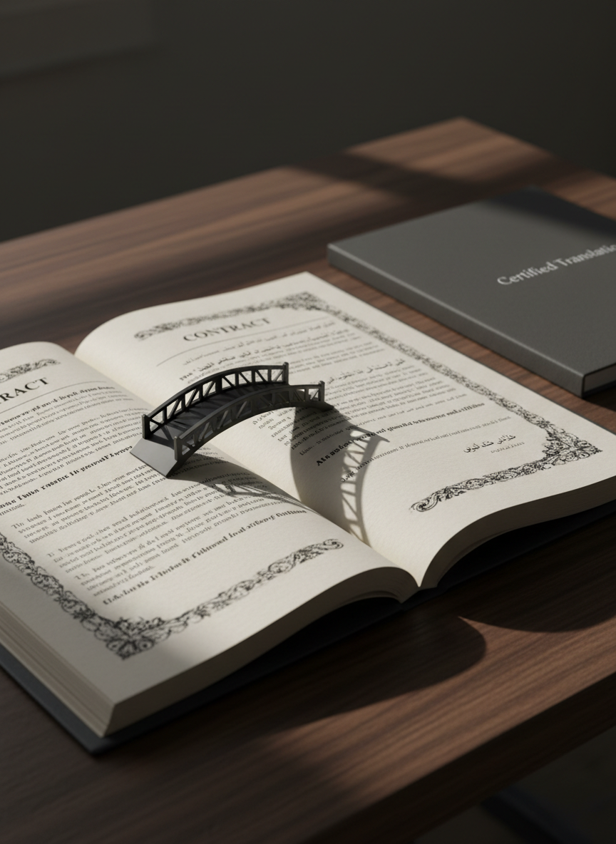 A thick, elegantly embossed legal contract opened to a bilingual page, with precise parallel columns of English and Arabic text printed in deep charcoal ink on creamy, high‑GSM paper. A solid matte‑black metal bookmark shaped like a bridge rests across the gutter, symbolizing connection. The document lies on a dark walnut desk with sharp, clean edges, beside a closed, minimalist folder subtly labeled “Certified Translation” in silver. Dramatic side lighting from an unseen window casts bold, directional shadows, emphasizing texture in the paper and wood grain. Shot at an eye‑level, slightly oblique angle in photographic realism, with shallow depth of field that keeps the contract razor‑sharp and the background softly blurred, creating a bold, authoritative, and trustworthy atmosphere suitable for a legal translation homepage hero image.