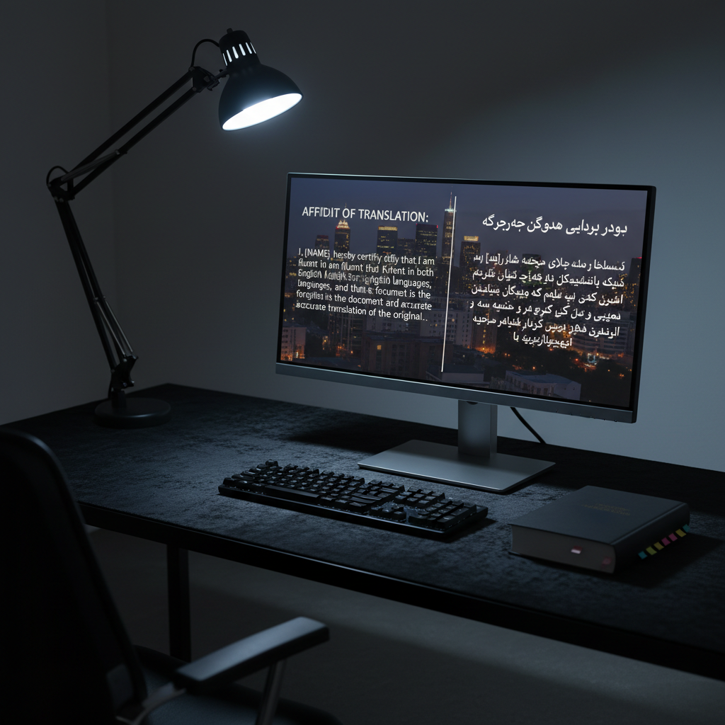 An ultra‑neat translation workstation in photographic realism, featuring a slim, high‑resolution monitor displaying a split‑screen legal document: English on the left, Kurdish on the right, both rendered in perfectly aligned, crisp typography. The monitor sits on a matte black desk with a fine, velvety texture, beside a compact mechanical keyboard and a closed, unbranded law reference book with colored page markers. A city skyline at dusk is faintly reflected in the screen, suggesting international reach. Cool, focused task lighting from an adjustable desk lamp creates a vivid pool of light around the monitor, leaving the rest of the room in soft shadow. Shot from a slightly elevated angle with controlled depth of field, the mood is bold, high‑tech, and intensely professional, ideal for showcasing technology‑assisted legal translation.